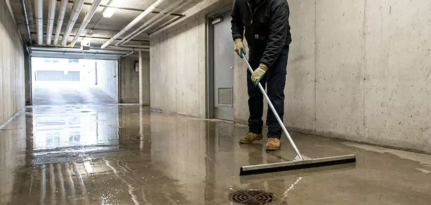 Worker squeegeeing standing water toward a floor drain in a concrete basement corridor